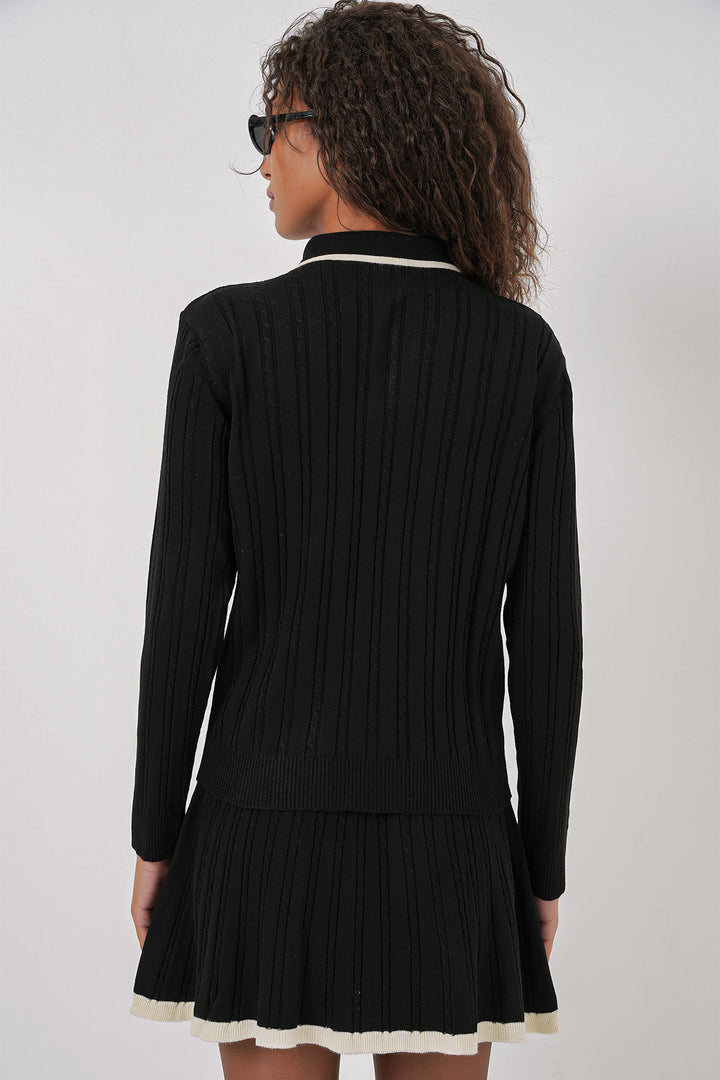 BGD Women Women's Polo Neck Sweater Skirt Knitwear Set - Black - Barking