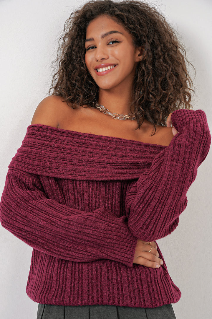 BGD Women Women's Off-Shoulder Oversized Sweater - Burgundy - Agía Paraskeví