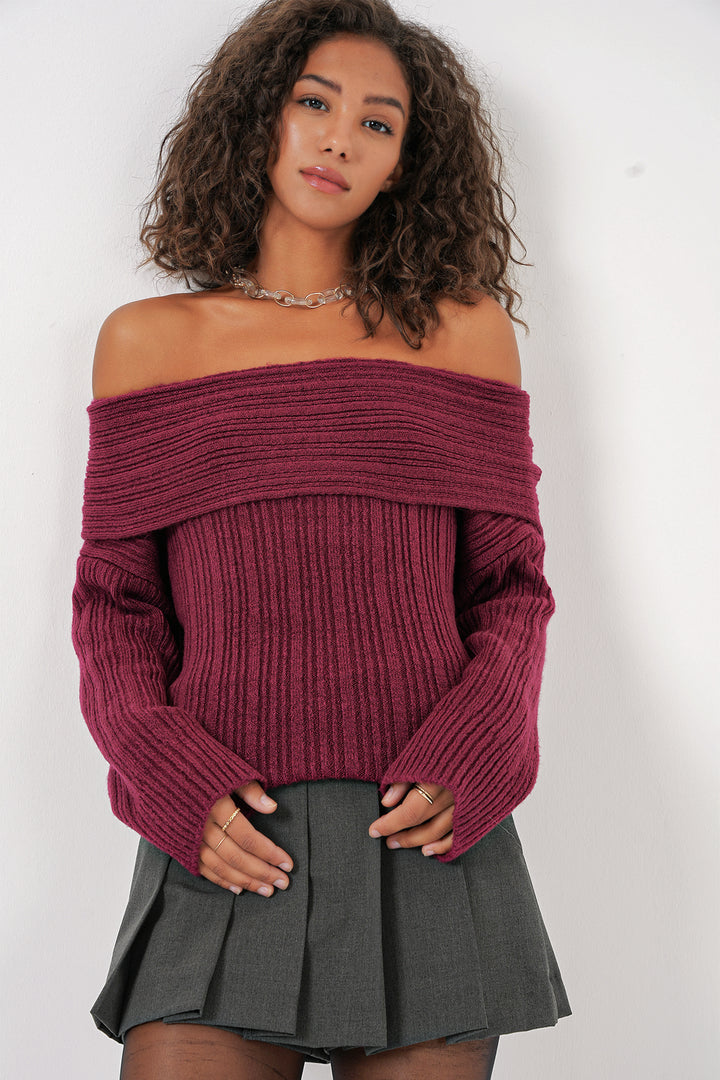 BGD Women Women's Off-Shoulder Oversized Sweater - Burgundy - Agía Paraskeví