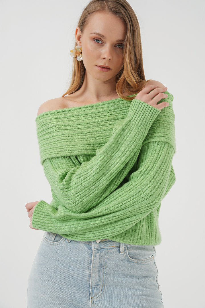 BGD Women Women's Off-Shoulder Oversized Sweater - Olive Green - Wakefield