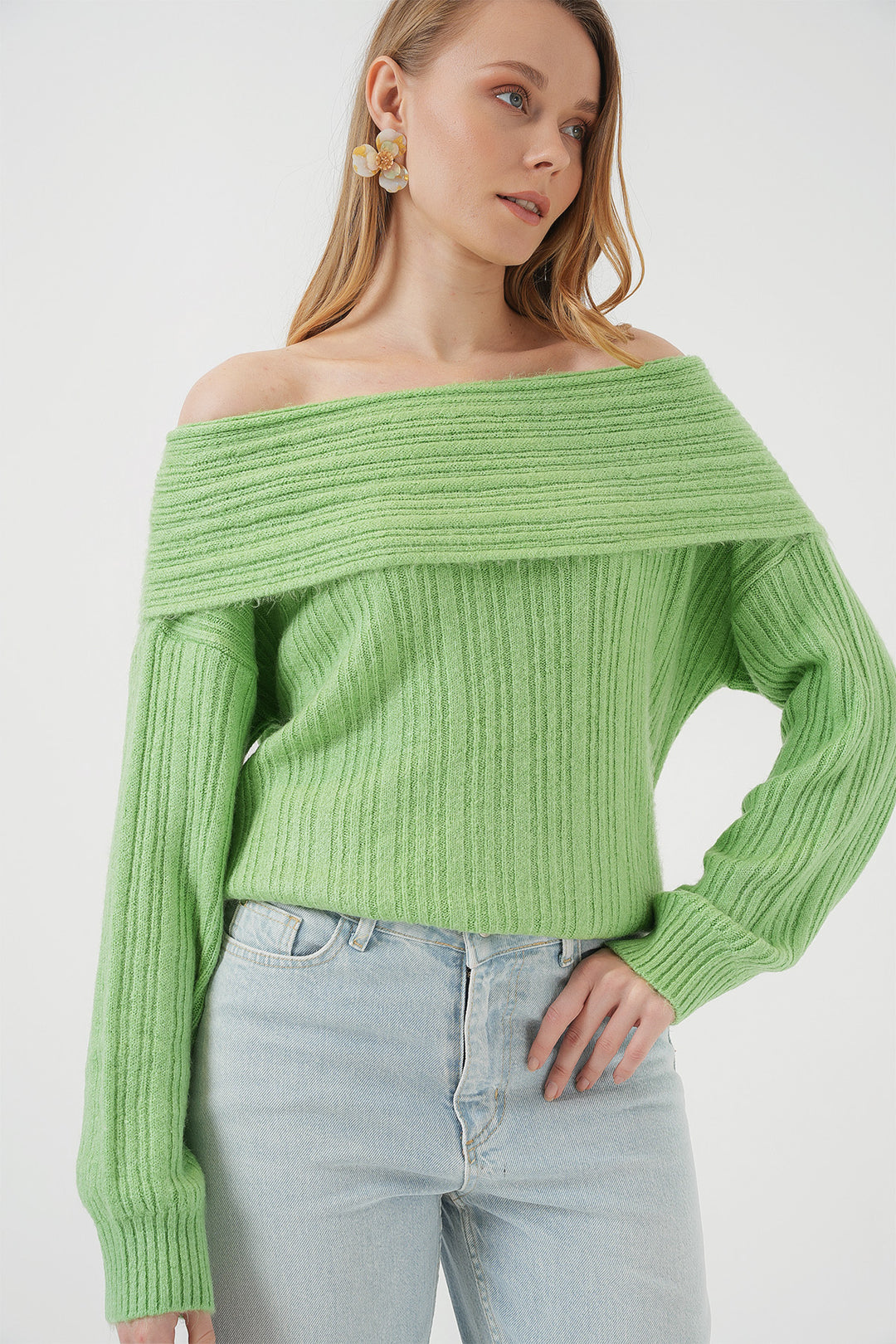 BGD Women Women's Off-Shoulder Oversized Sweater - Olive Green - Wakefield