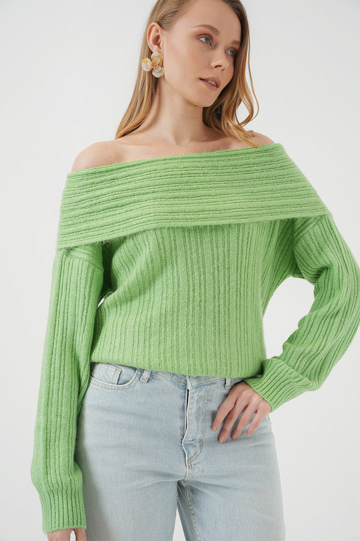 BGD Women Women's Off-Shoulder Oversized Sweater - Olive Green - Wakefield