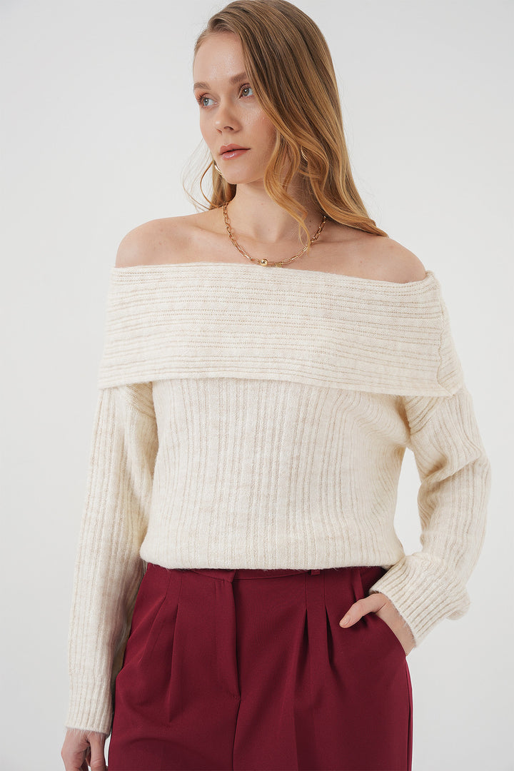 BGD Women Women's Off-Shoulder Oversized Sweater - Ecru - Stolberg