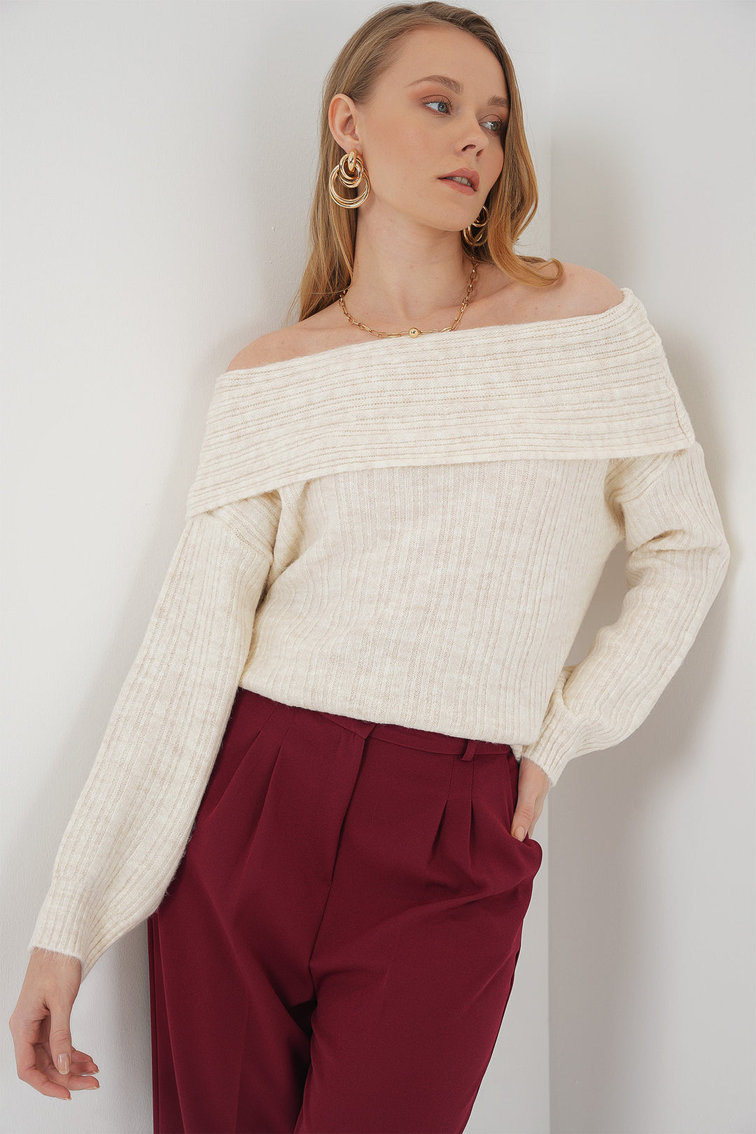 BGD Women Women's Off-Shoulder Oversized Sweater - Ecru - Stolberg