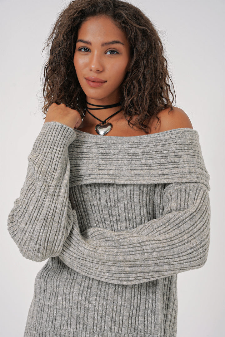 BGD Women Women's Off-Shoulder Oversized Sweater - Gray - San Antonio Enchisi
