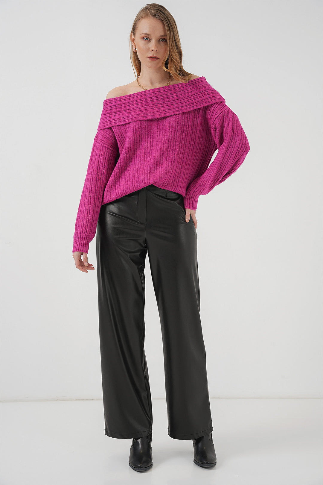BGD Women Women's Off-Shoulder Oversized Sweater - Dark Pink - Gravesend