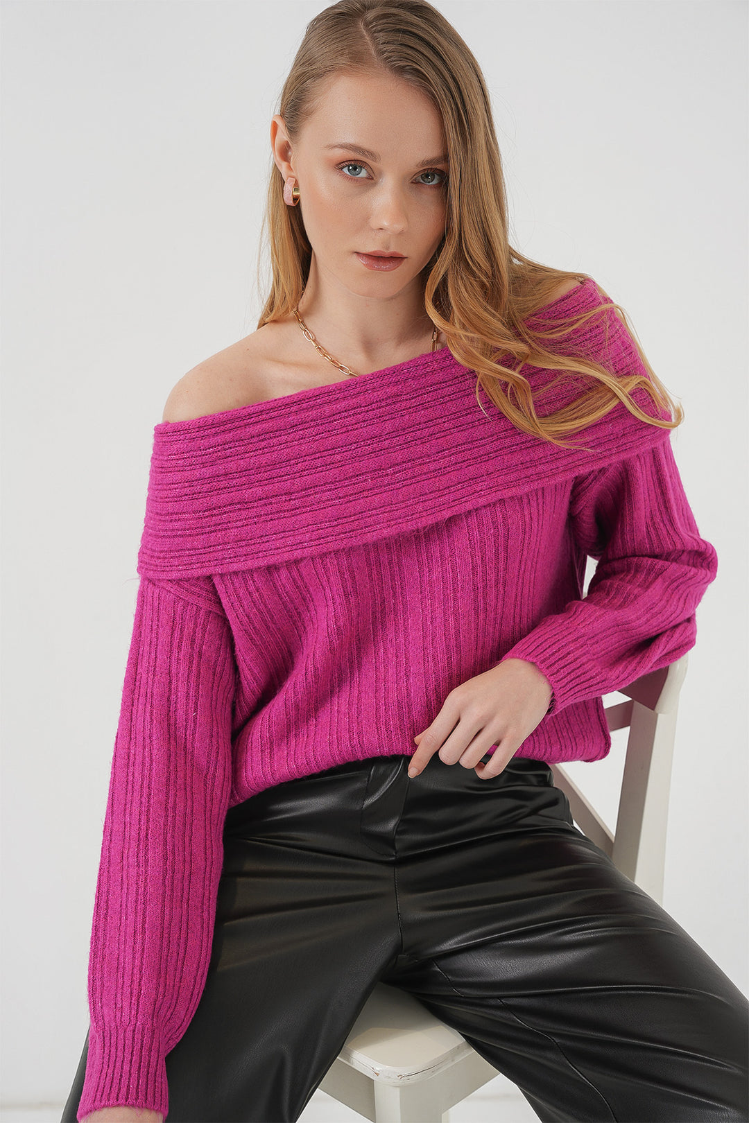 BGD Women Women's Off-Shoulder Oversized Sweater - Dark Pink - Gravesend