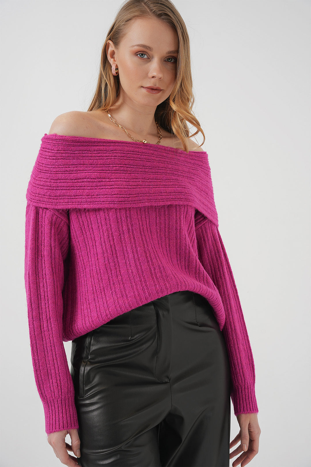 BGD Women Women's Off-Shoulder Oversized Sweater - Dark Pink - Gravesend