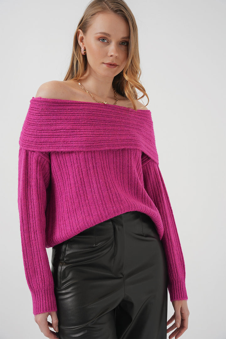 BGD Women Women's Off-Shoulder Oversized Sweater - Dark Pink - Gravesend