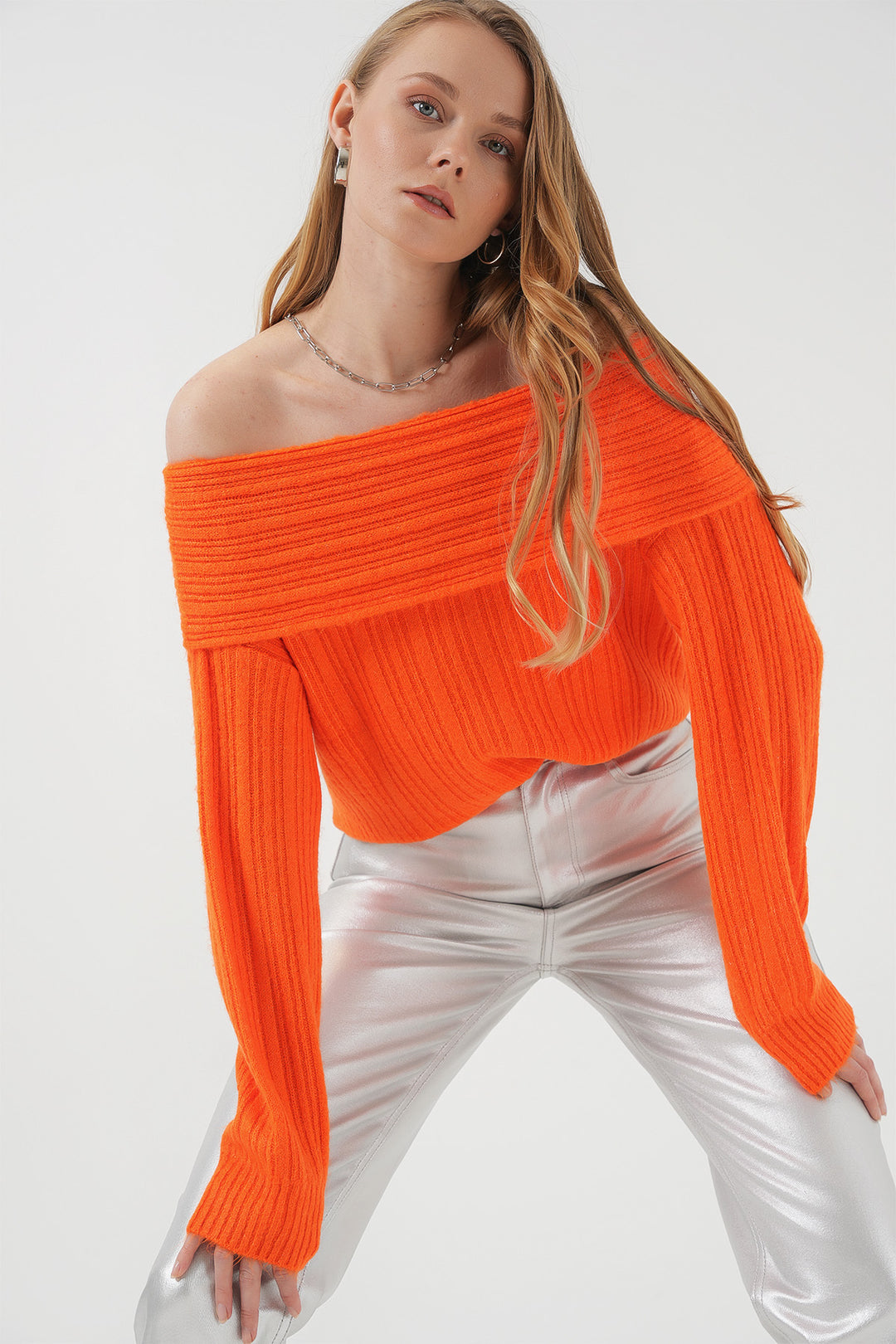 BGD Women Women's Off-Shoulder Oversized Sweater - Orange - Villepinte