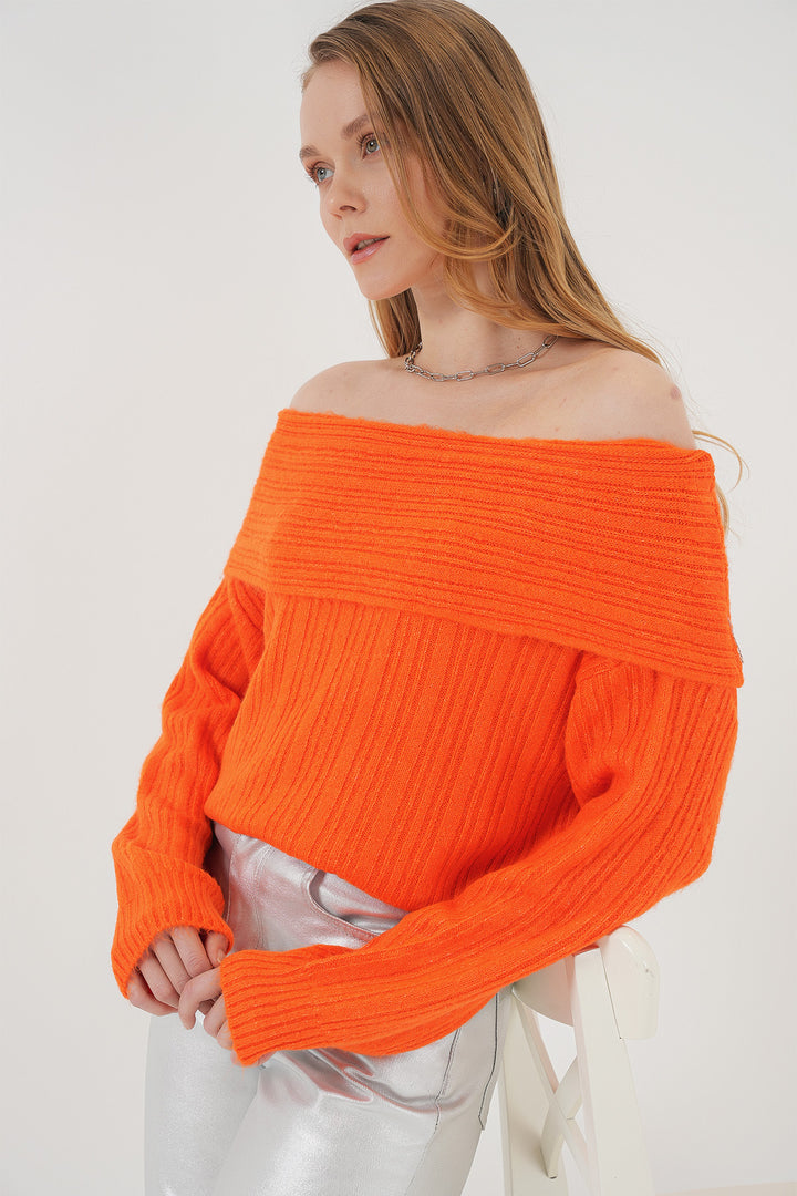 BGD Women Women's Off-Shoulder Oversized Sweater - Orange - Villepinte