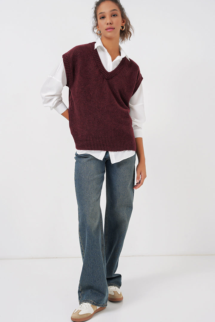 BGD Women V Neck Sweater - Burgundy - Wesley Chapel