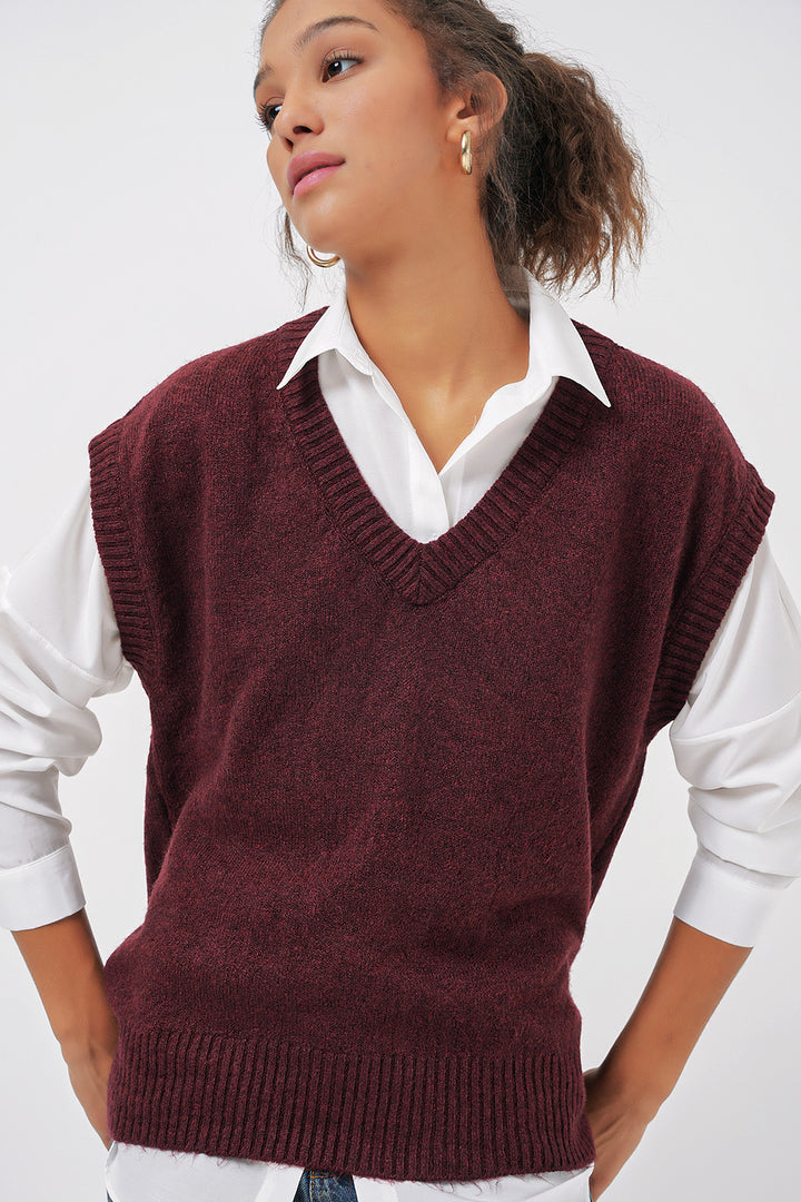 BGD Women V Neck Sweater - Burgundy - Wesley Chapel