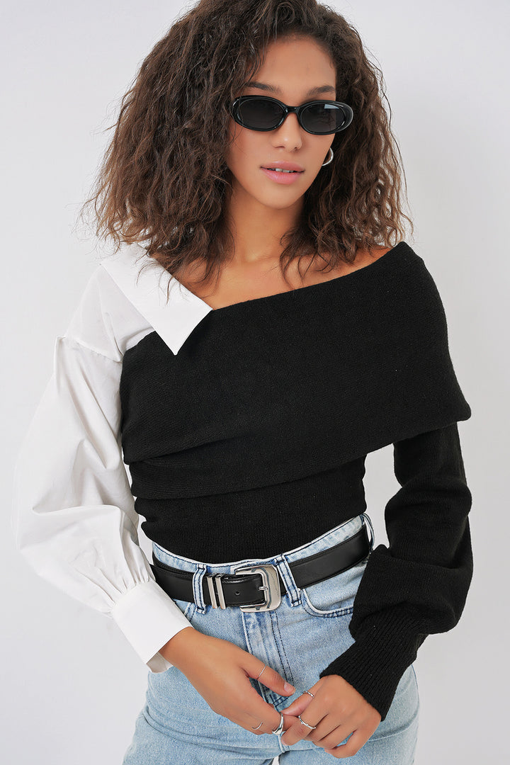 BGD Women Shirt Detailed Knit Sweater - Black - Vitrolles