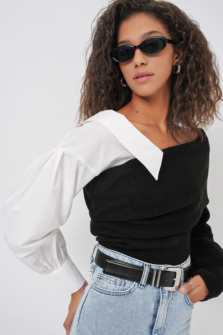 BGD Women Shirt Detailed Knit Sweater - Black - Vitrolles
