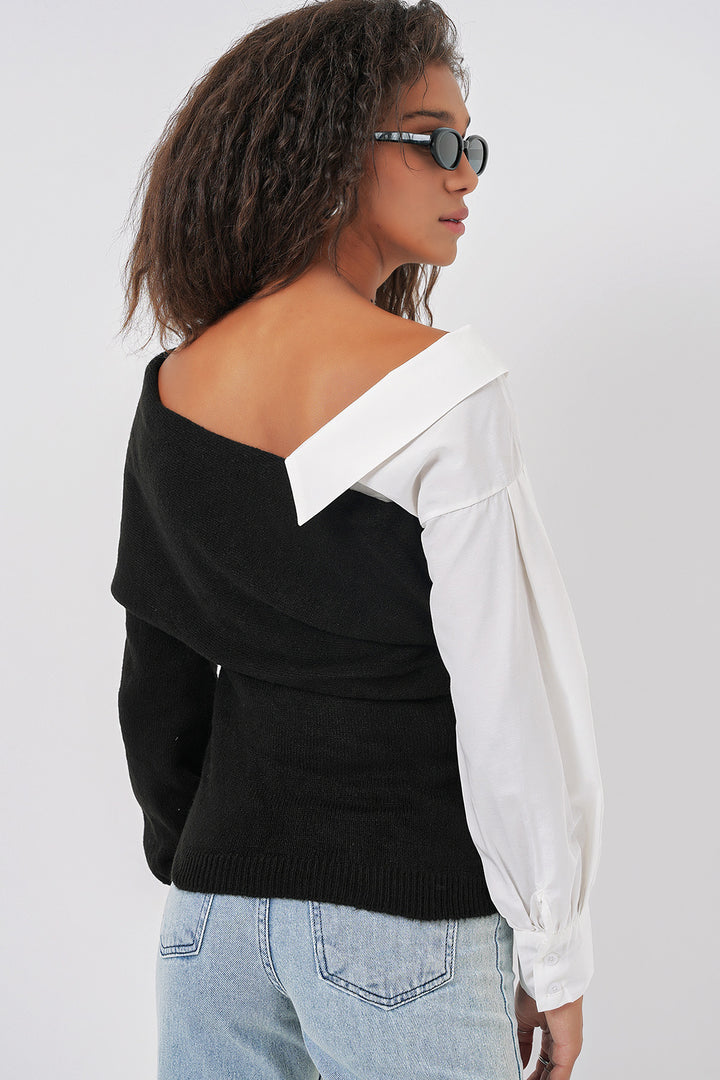 BGD Women Shirt Detailed Knit Sweater - Black - Vitrolles