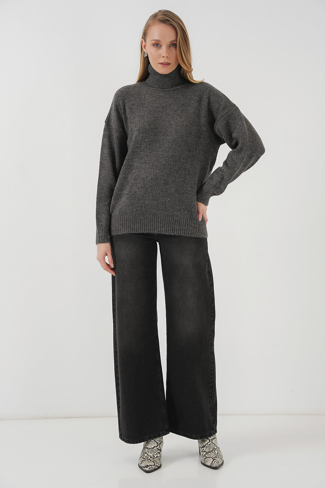 BGD Women Women's Fisherman Collar Oversized Sweater - Anthracite - Charleston