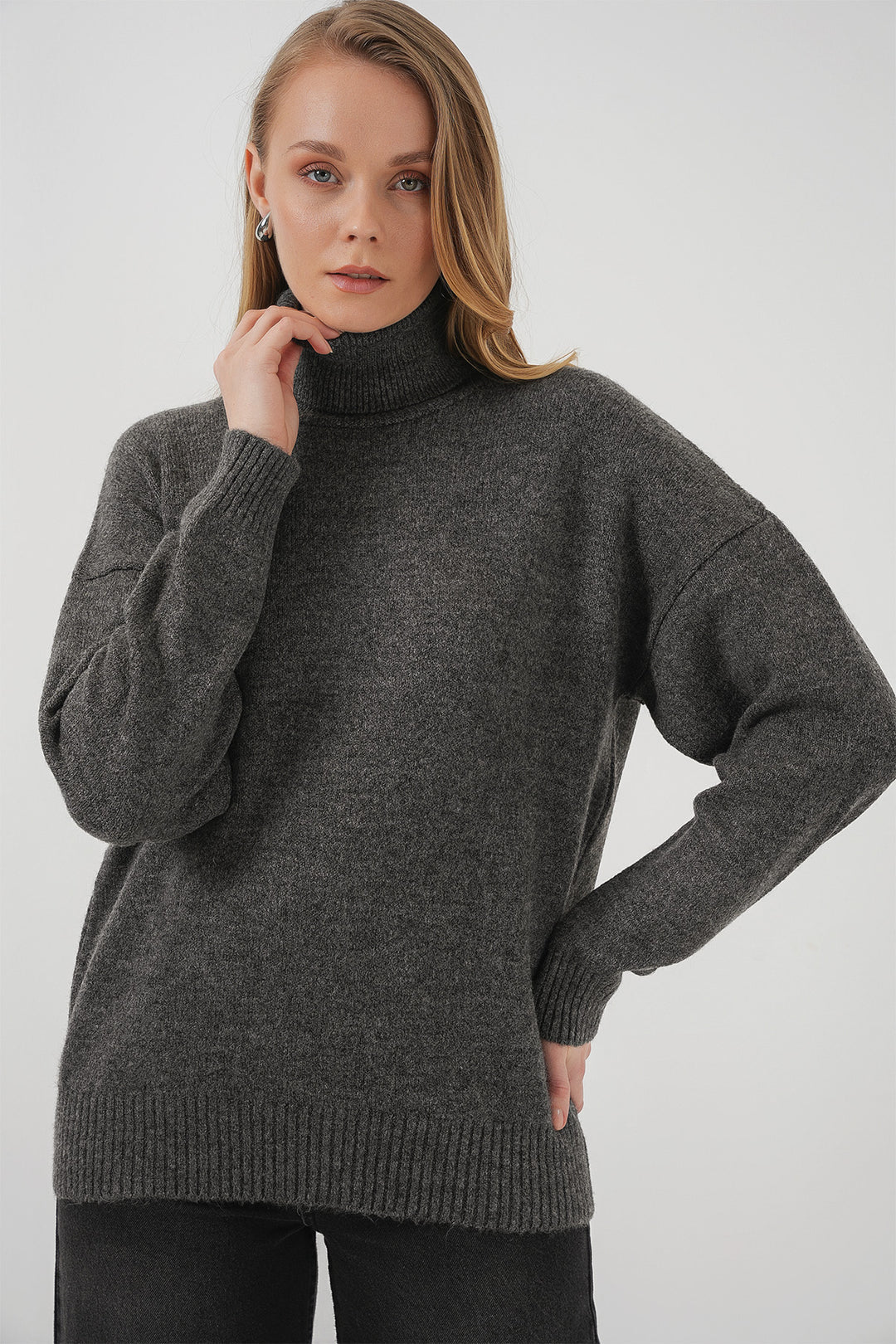 BGD Women Women's Fisherman Collar Oversized Sweater - Anthracite - Charleston