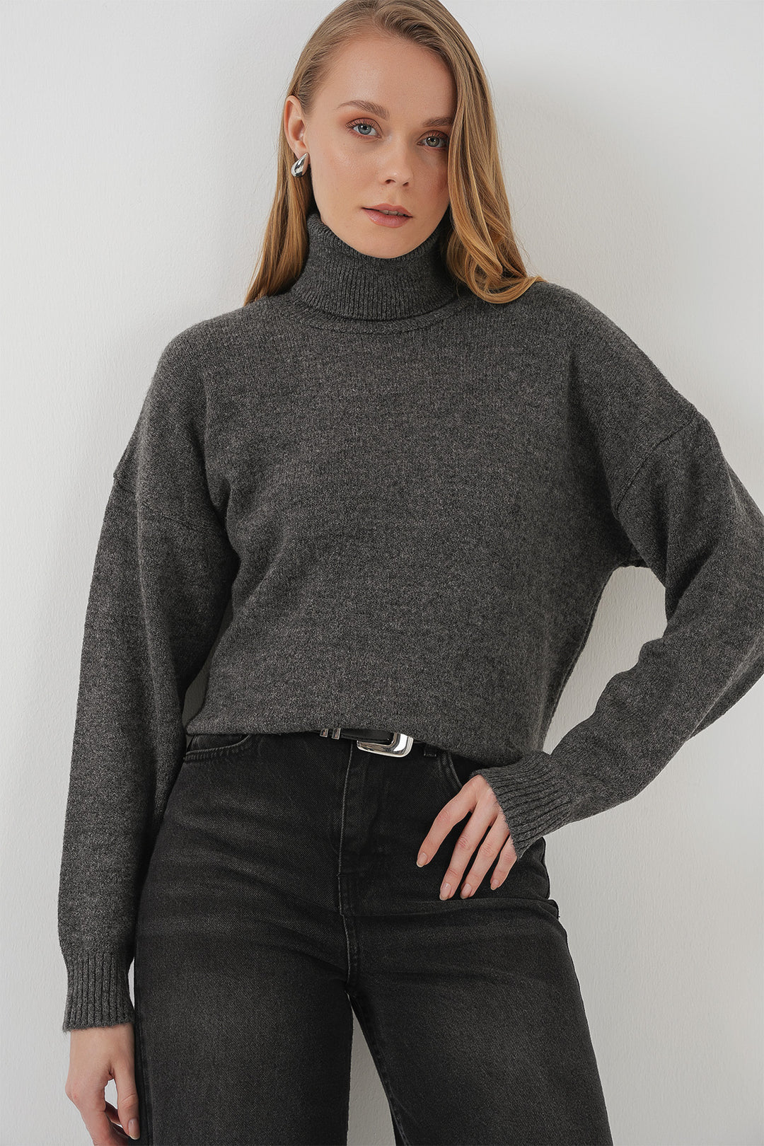 BGD Women Women's Fisherman Collar Oversized Sweater - Anthracite - Charleston