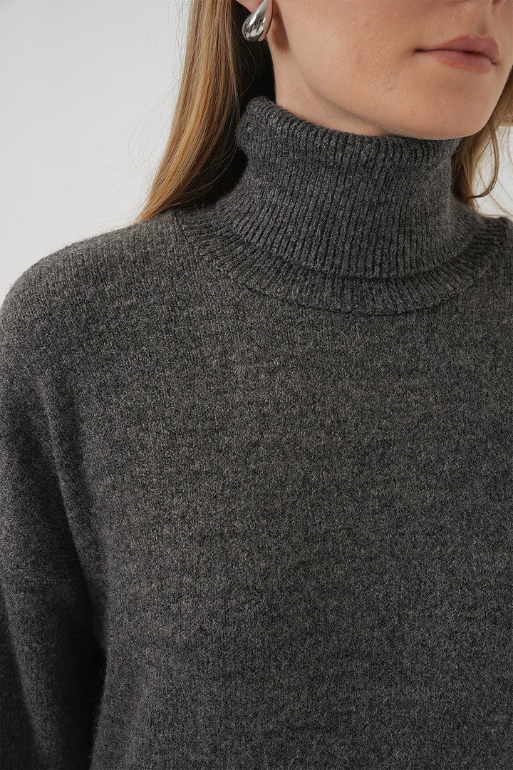 BGD Women Women's Fisherman Collar Oversized Sweater - Anthracite - Charleston
