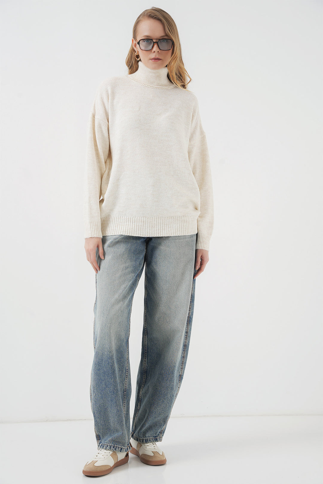 BGD Women Woman Fisherman Collar Oversized Knit Sweater - Ecru - Alcorcón