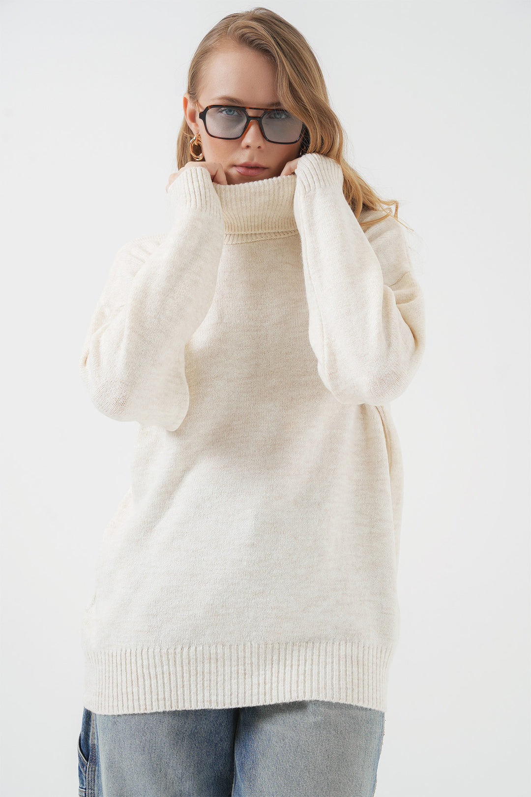 BGD Women Woman Fisherman Collar Oversized Knit Sweater - Ecru - Alcorcón