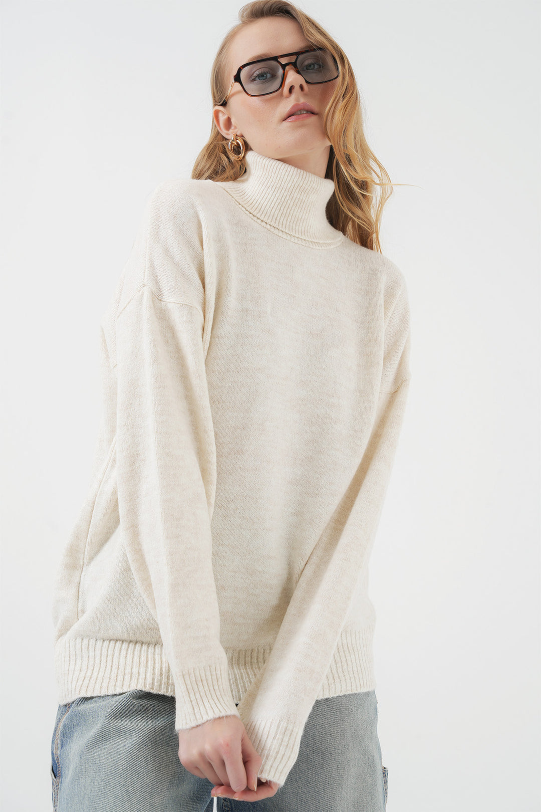 BGD Women Woman Fisherman Collar Oversized Knit Sweater - Ecru - Alcorcón