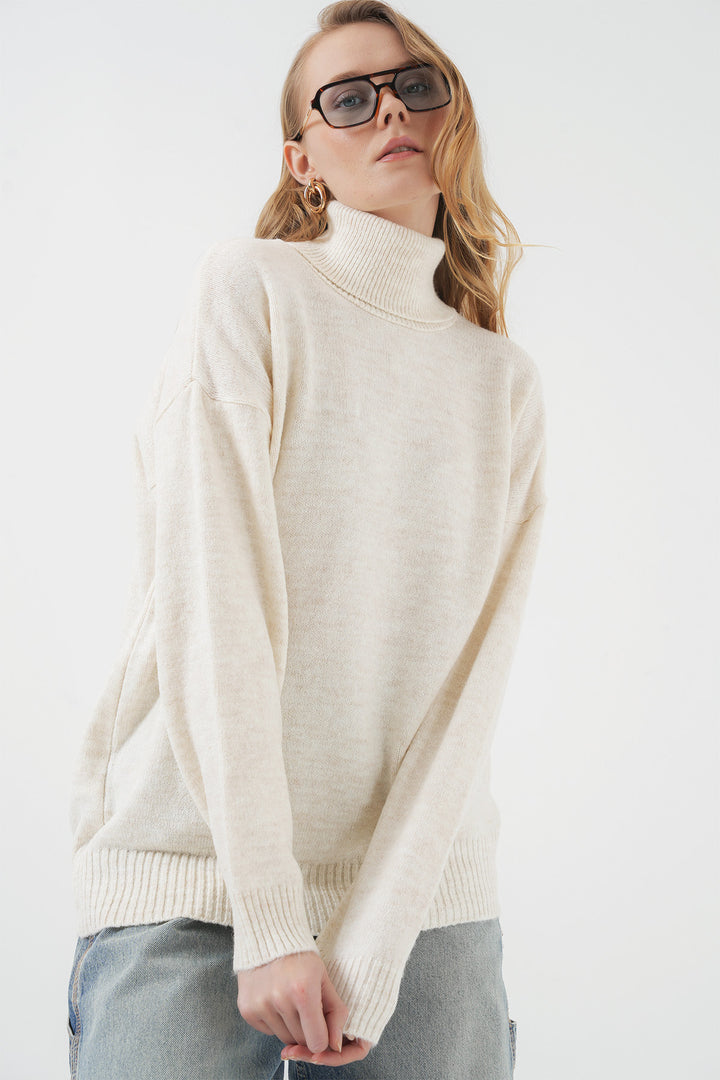 BGD Women Woman Fisherman Collar Oversized Knit Sweater - Ecru - Alcorcón
