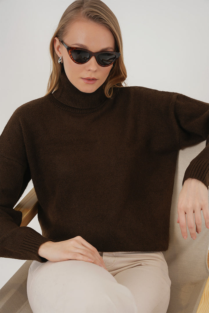 BGD Women Women's Fisherman Collar Oversized Knit Sweater - Brown - Barreiro