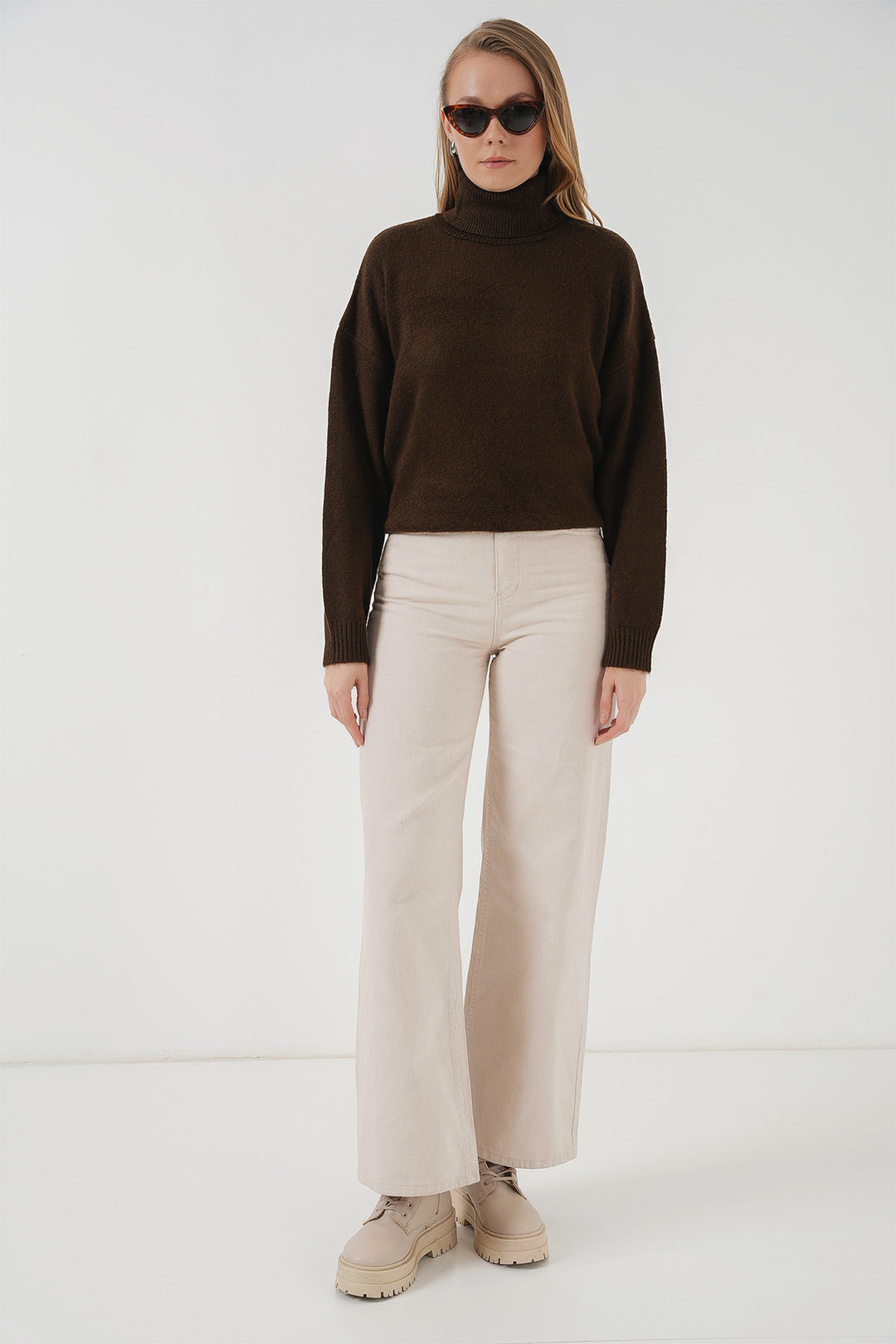 BGD Women Women's Fisherman Collar Oversized Knit Sweater - Brown - Barreiro