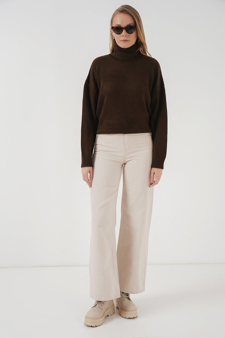 BGD Women Women's Fisherman Collar Oversized Knit Sweater - Brown - Barreiro