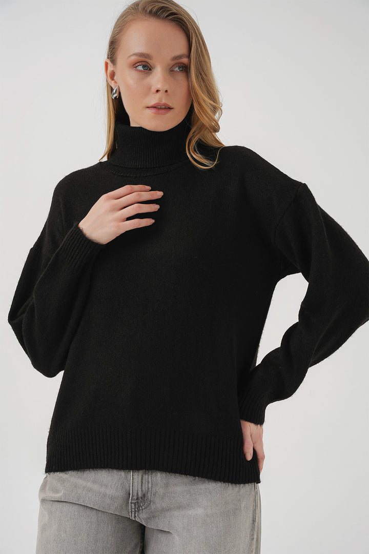 BGD Women Women's Fisherman Collar Oversized Knit Sweater - Black - Yenakiieve