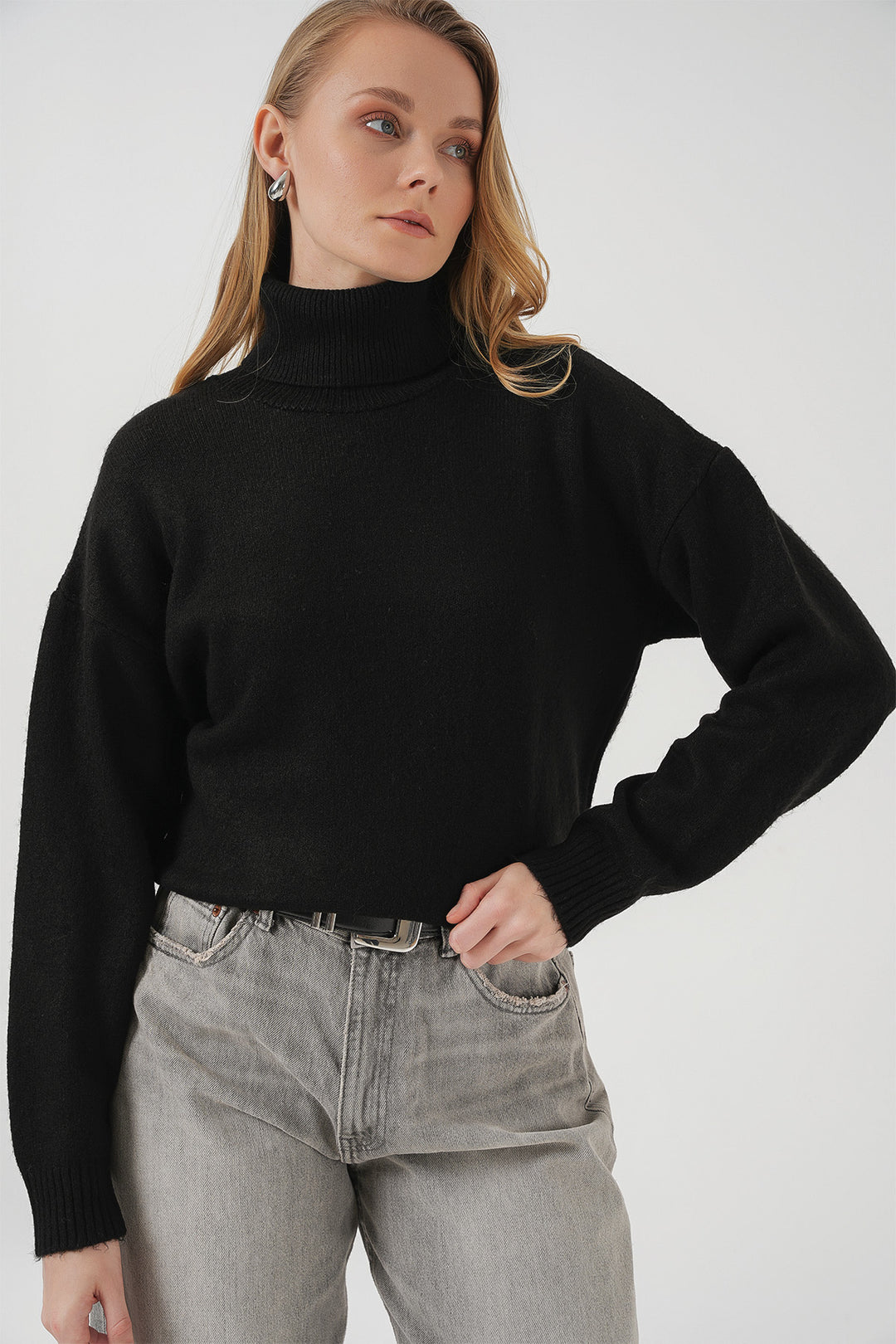 BGD Women Women's Fisherman Collar Oversized Knit Sweater - Black - Yenakiieve