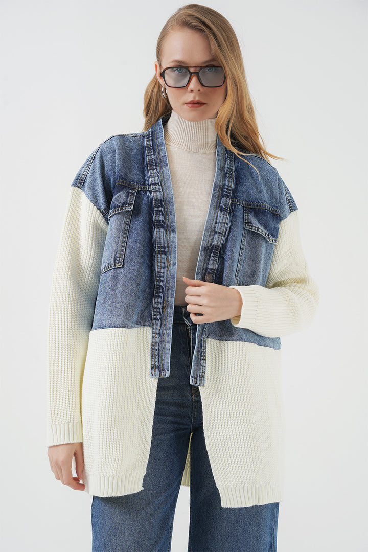 BGD Women Long Knit Denim Jacket - White - Zongolica