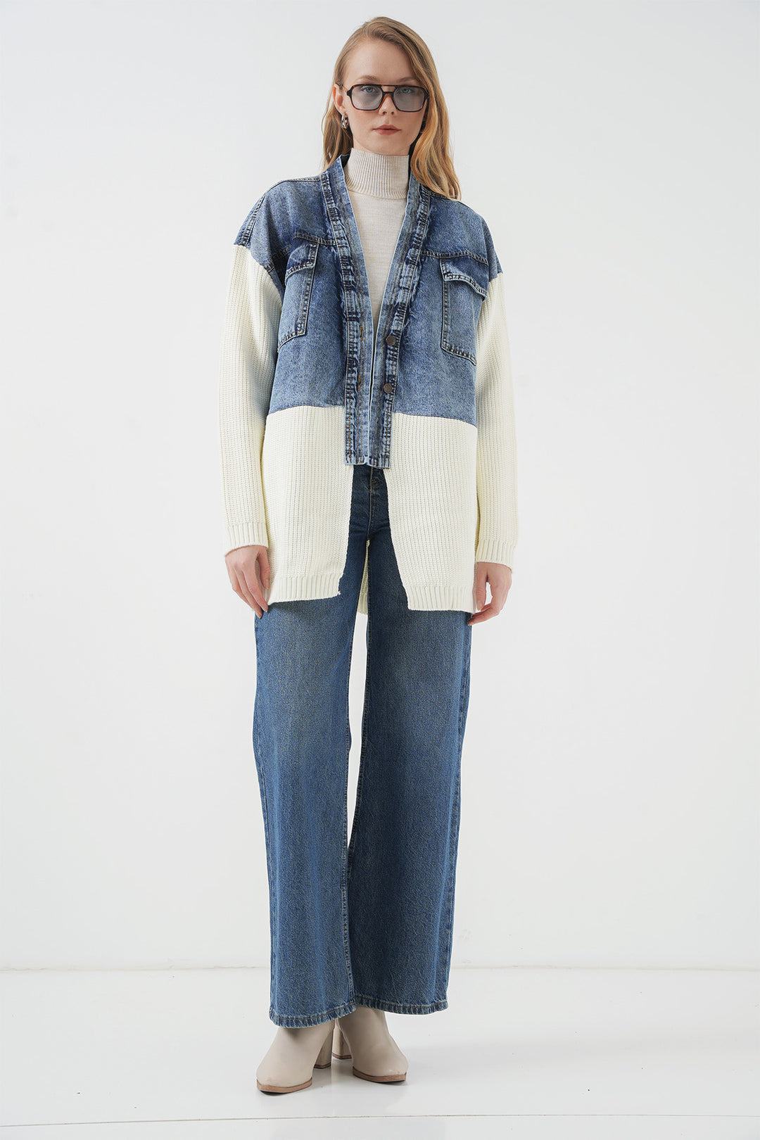 BGD Women Long Knit Denim Jacket - White - Zongolica