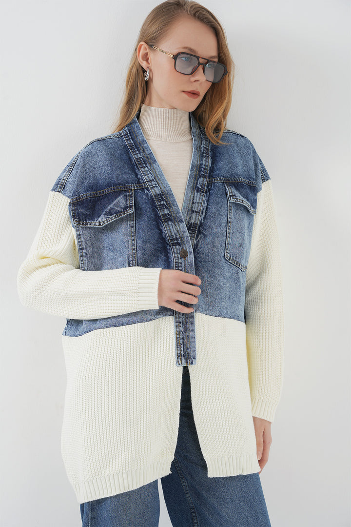 BGD Women Long Knit Denim Jacket - White - Zongolica
