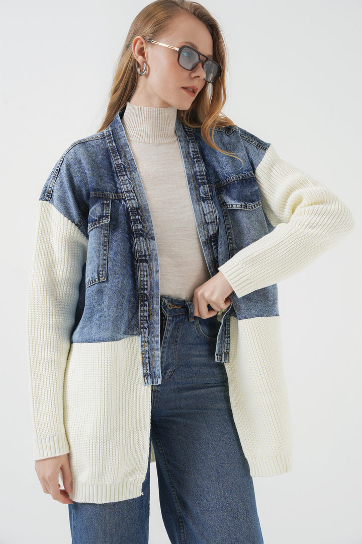 BGD Women Long Knit Denim Jacket - White - Zongolica