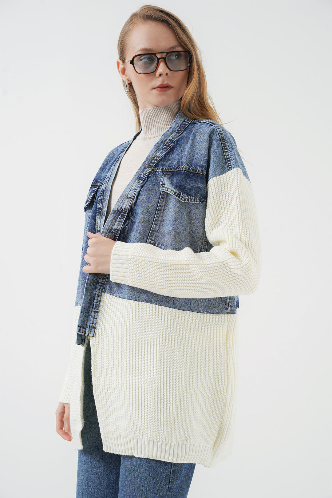 BGD Women Long Knit Denim Jacket - White - Zongolica
