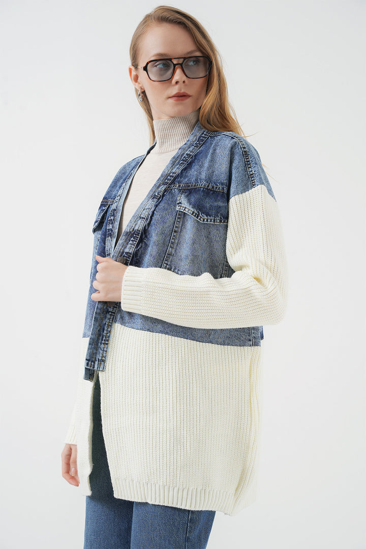BGD Women Long Knit Denim Jacket - White - Zongolica