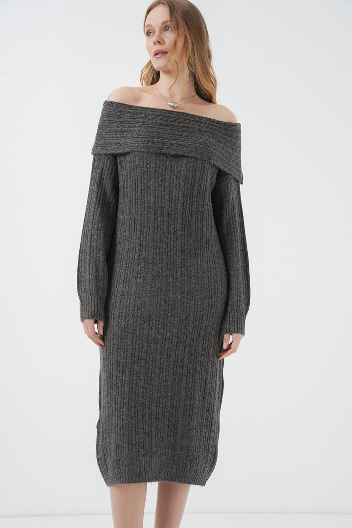 BGD Women Madonna Collar Oversized Sweater Dress - Anthracite - Pocatello