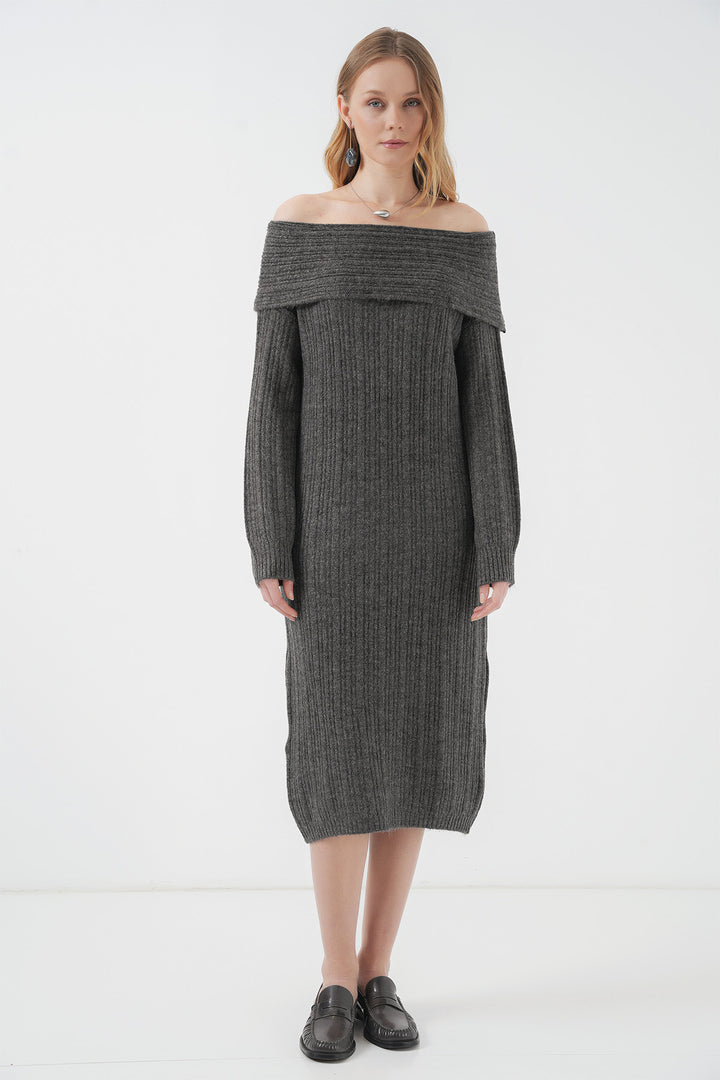 BGD Women Madonna Collar Oversized Sweater Dress - Anthracite - Pocatello