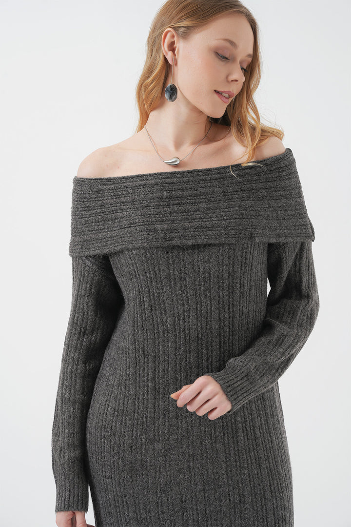 BGD Women Madonna Collar Oversized Sweater Dress - Anthracite - Pocatello