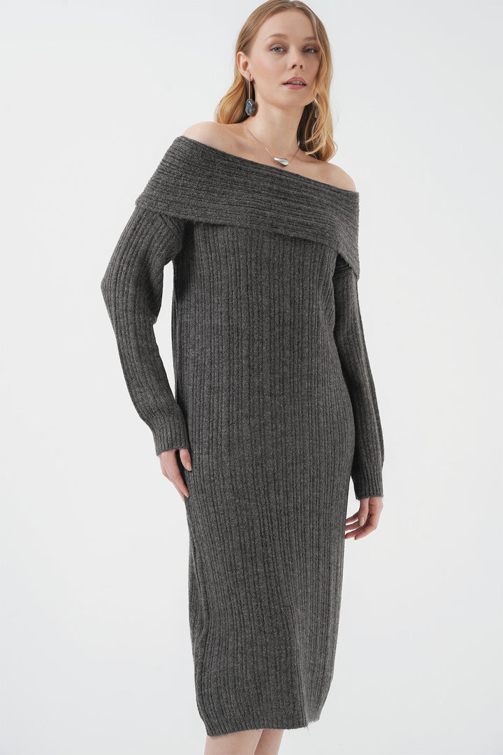 BGD Women Madonna Collar Oversized Sweater Dress - Anthracite - Pocatello