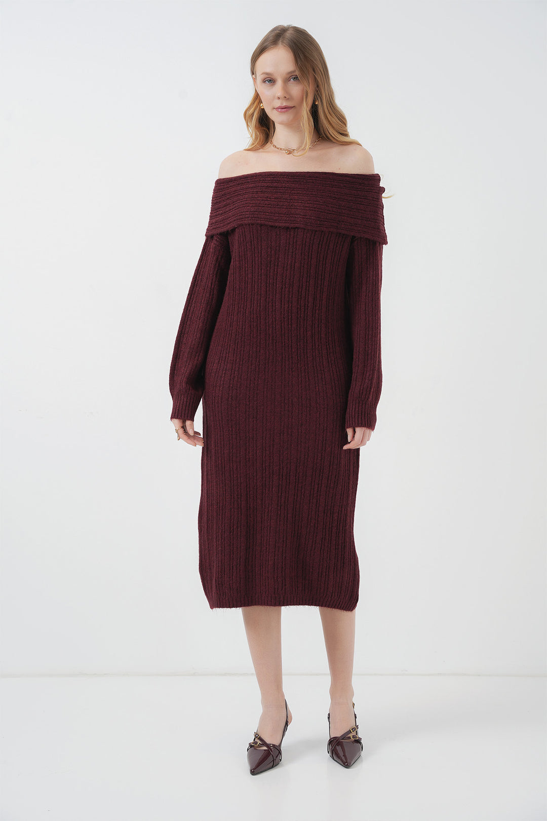 BGD Women Madonna Collar Oversized Sweater Dress - Burgundy - Fayetteville
