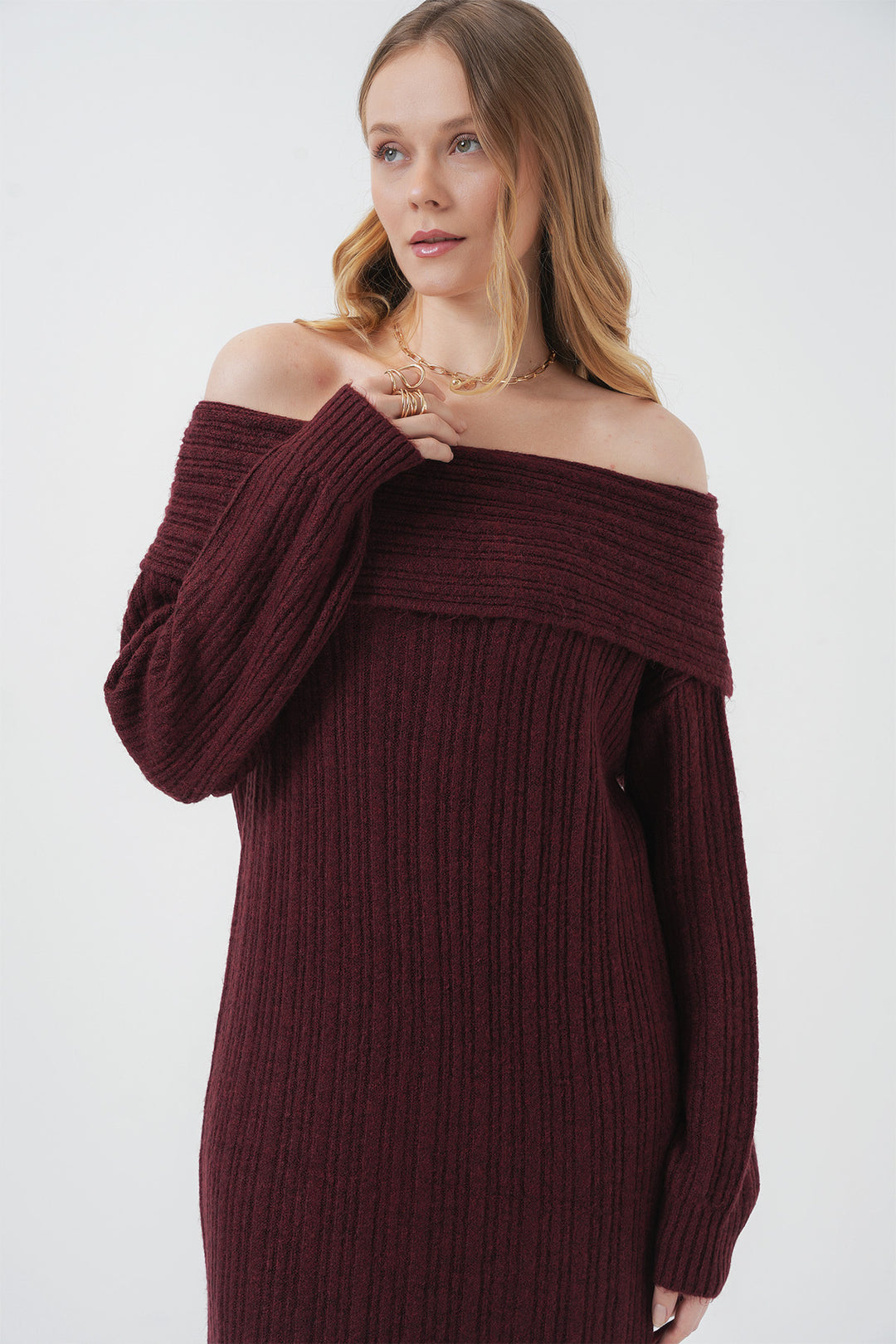 BGD Women Madonna Collar Oversized Sweater Dress - Burgundy - Fayetteville