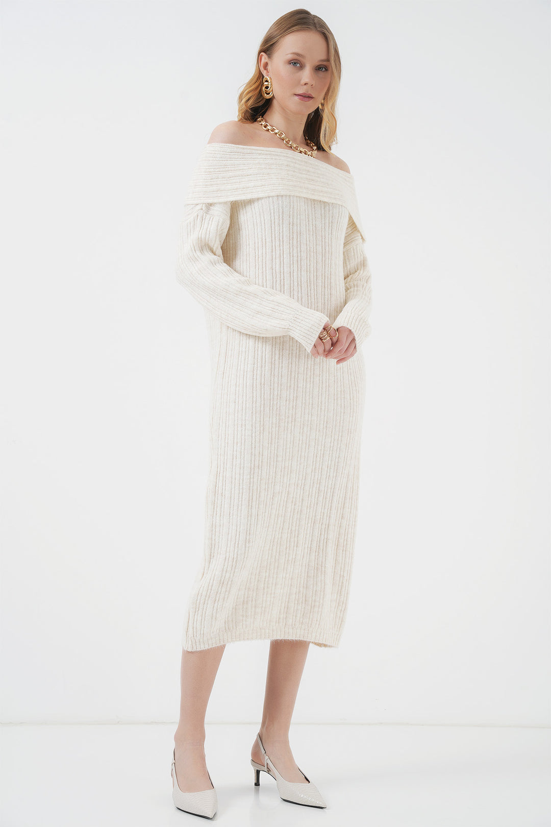 BGD Women Madonna Collar Oversized Sweater Dress - Ecru - Brookfield