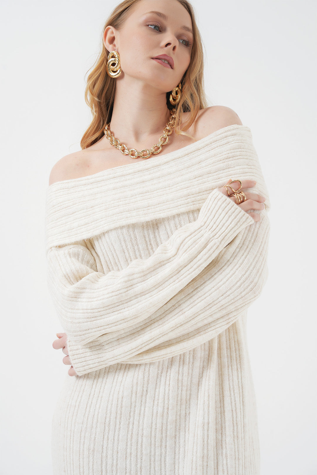 BGD Women Madonna Collar Oversized Sweater Dress - Ecru - Brookfield