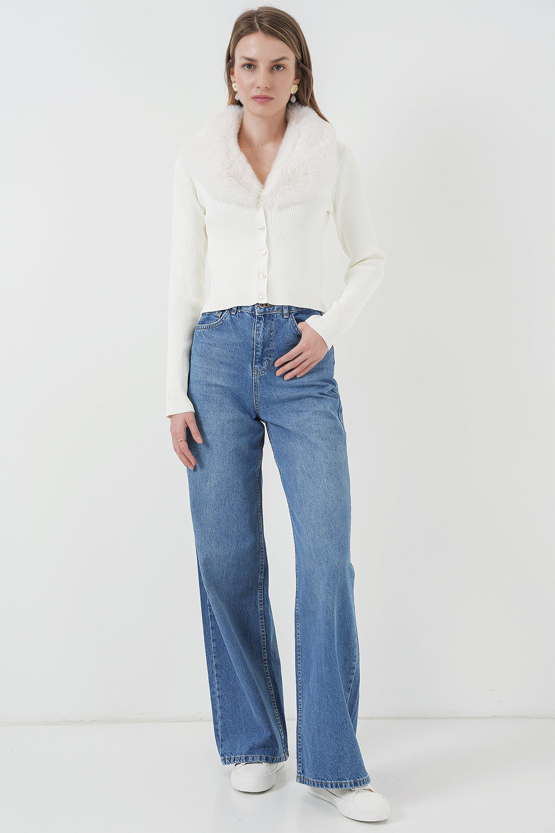 BGD Women Fur Collar Knit Cardigan - White - Canterbury