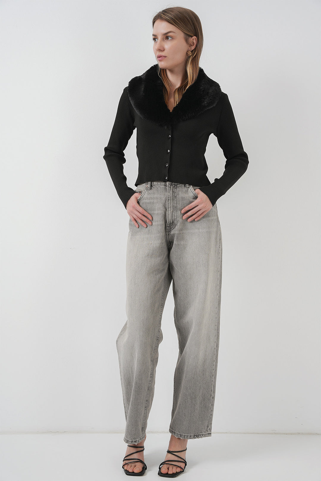 BGD Women Fur Collar Knit Cardigan - Black - Puerto del Rosario