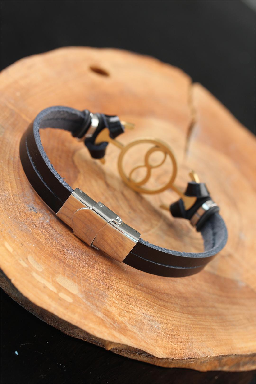 EBJ Black Leather Men's Bracelet with Gold Color Infinity Metal Accents - Henrietta
